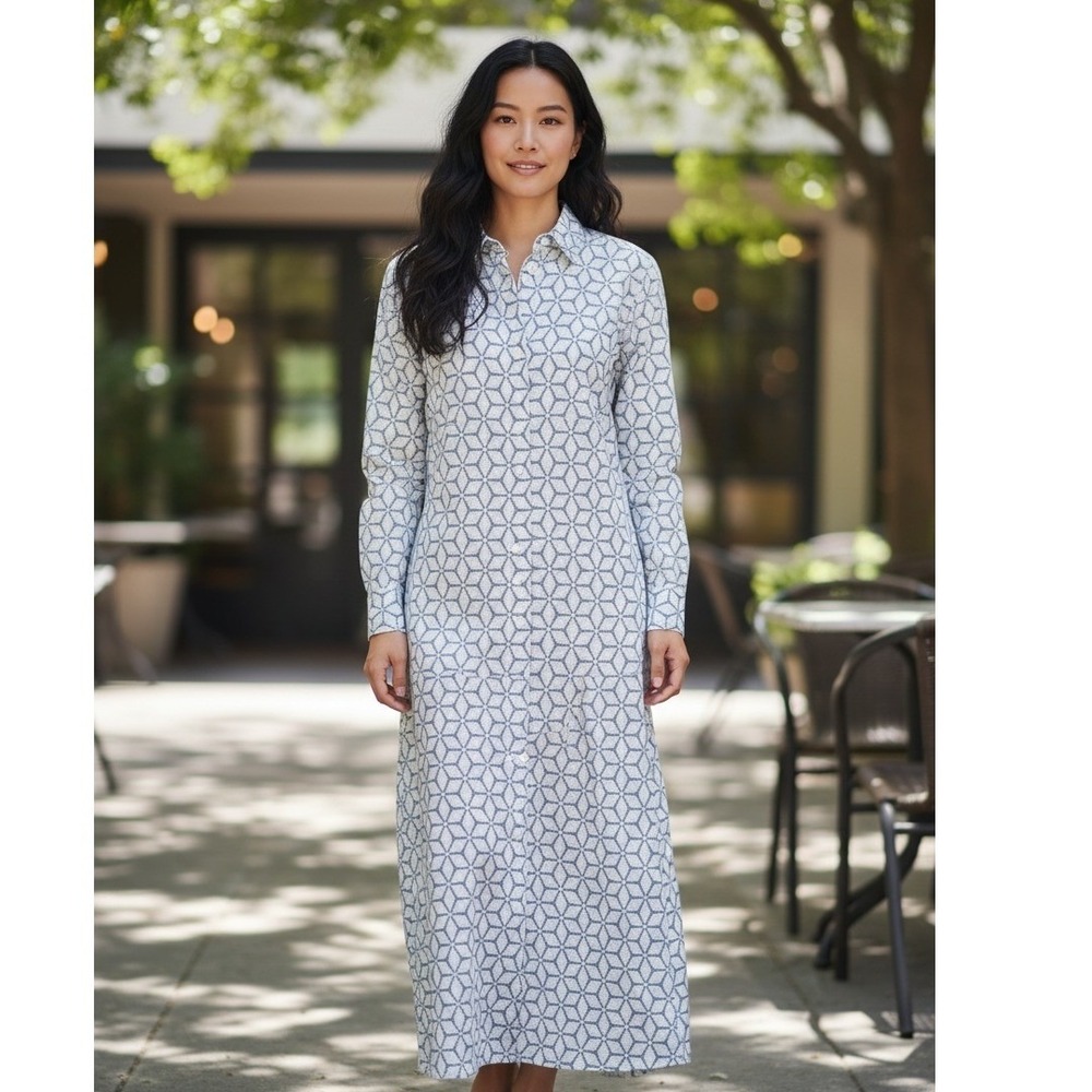 Madison Mathews Shirt Dress XL Blue‎ White Geometric Block Print Cotton Maxi Exc